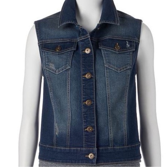 Mudd Classic Denim Vest Distressed Button Flap Pockets Button Tab Hem Size Small - Picture 8 of 14